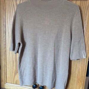 Halston Heritage Ribbed Short-Sleeve Sweater in Camel